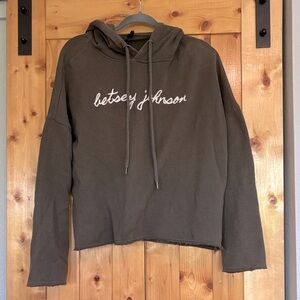 Betsey Johnson Logo Fleece Hoodie Olive Green Cropped Large Women’s Signature L